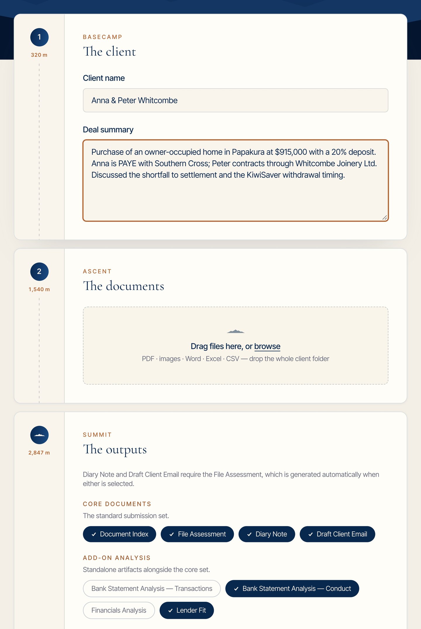 Summit — name the client, drop in the documents, tick the outputs and generate