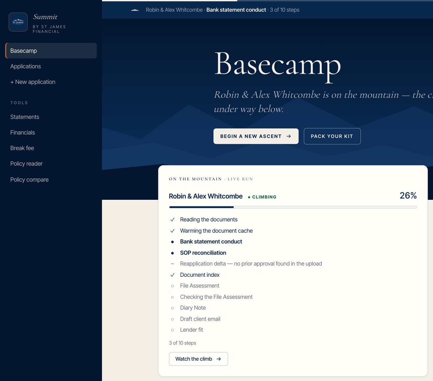 Basecamp — a live run with step-by-step progress