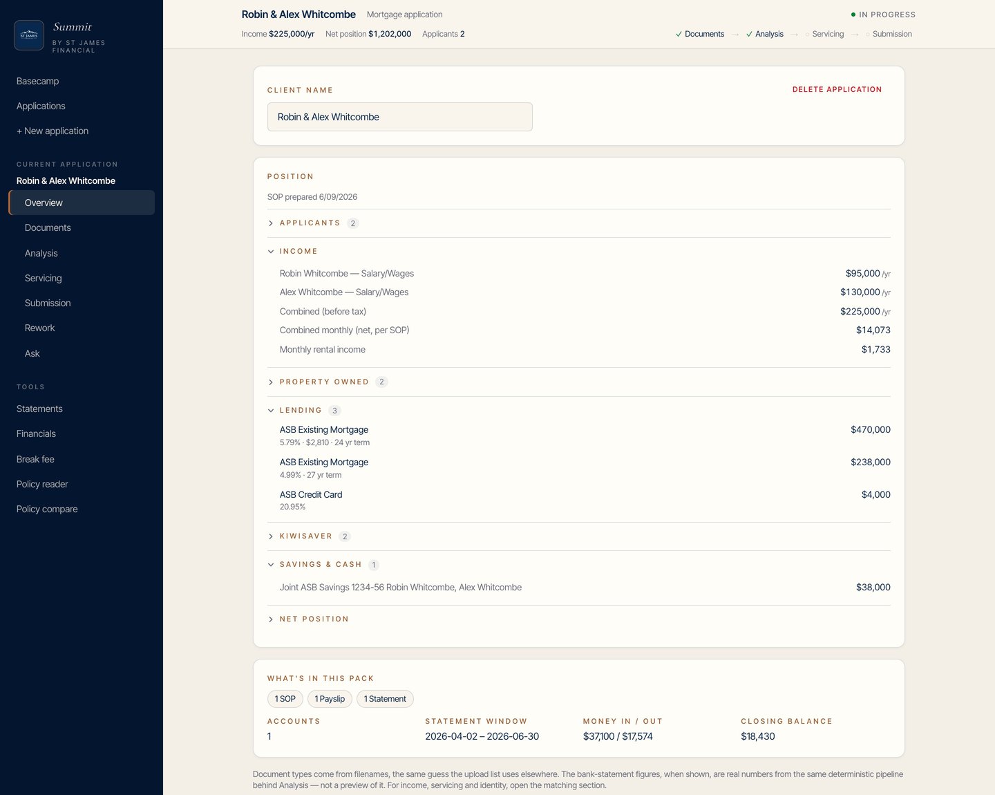 Applications — one record per client with income, lending and savings read from the SOP
